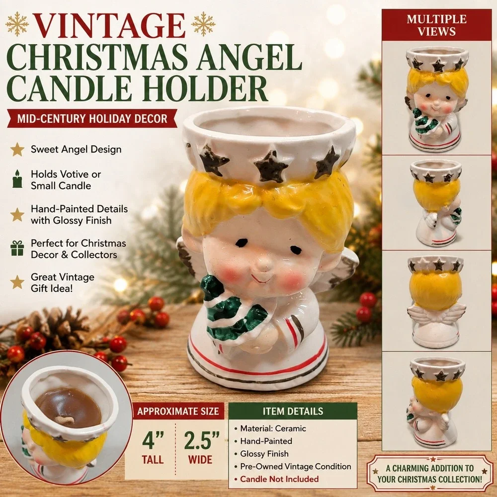 Vintage Christmas Angel Candle Holder Ceramic Mid-Century Holiday Decor 4in